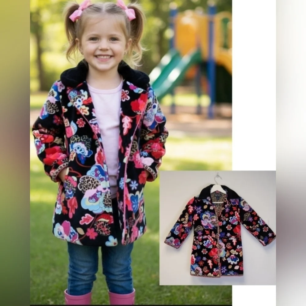Children' Place Black Multicolored Floral Velvet Peacoat Leopard Details S 5/6